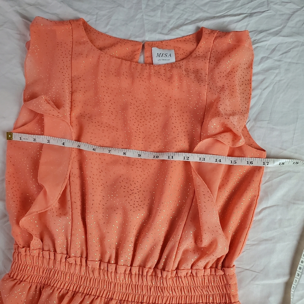 MISA LOS ANGELES small (S) coral peach gold foild confetti ruffles mini dress - Picture 13 of 16